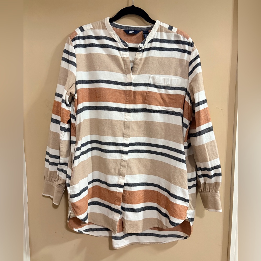 Lands End Striped Henley Flannel Tunic in Beige, Rust & Black Large
